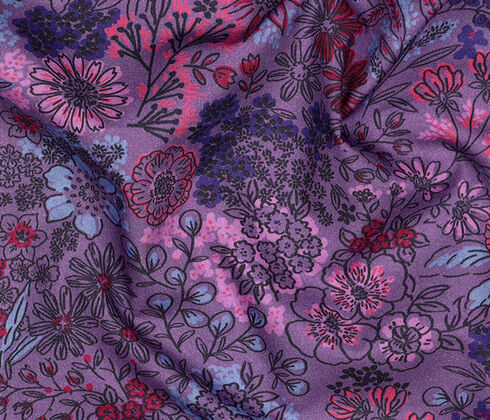 Lilac floral pattern fabric, also shown on model with black vest