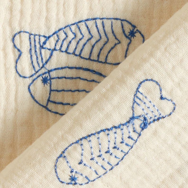 Double Gauze/Muslin embroidered fish | Poppy Fabrics – offwhite/royal blue,  image number 4
