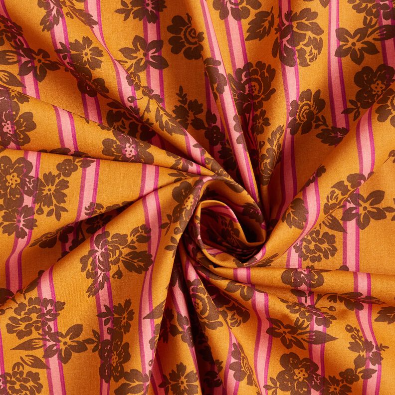 Cotton Cretonne Flowers on Stripes – curry yellow/purple, image number 3