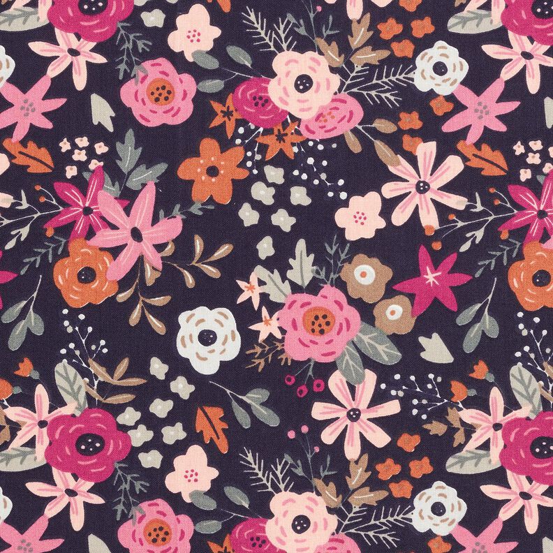 Cotton Poplin flower bouquets – blue-black/purple, image number 1