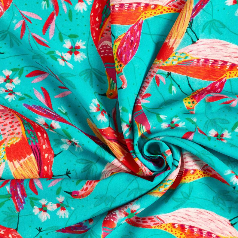 Beachwear viscose fabric peacocks and flowers – aqua blue/intense pink, image number 3