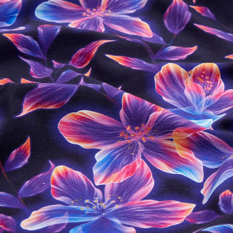 Cotton Jersey Glowing Flowers | Glitzerpüppi  – midnight blue/peach orange,  image number 2