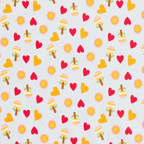 Cotton Poplin Flowers, suns, hearts – silver grey, image number 1