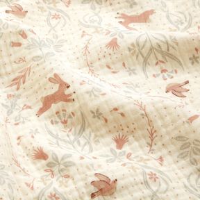 Double Gauze/Muslin Bird and rabbit in a flower garden – offwhite, 
