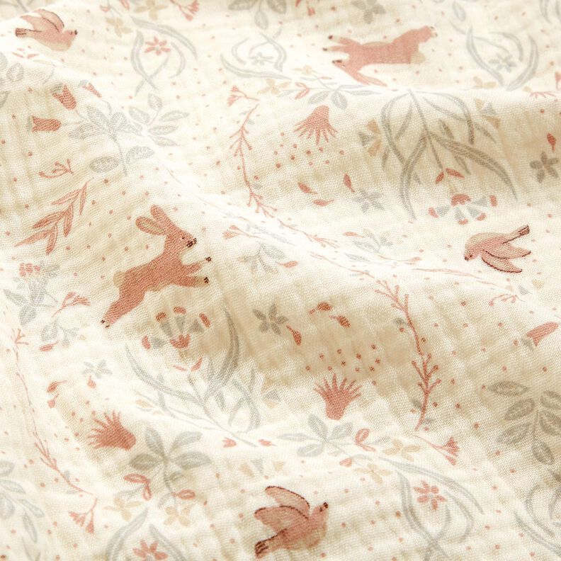 Double Gauze/Muslin Bird and rabbit in a flower garden – offwhite,  image number 2
