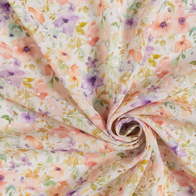 Watercolour sea of blooms digital print dobby viscose fabric – ivory/lavender,  image number 3