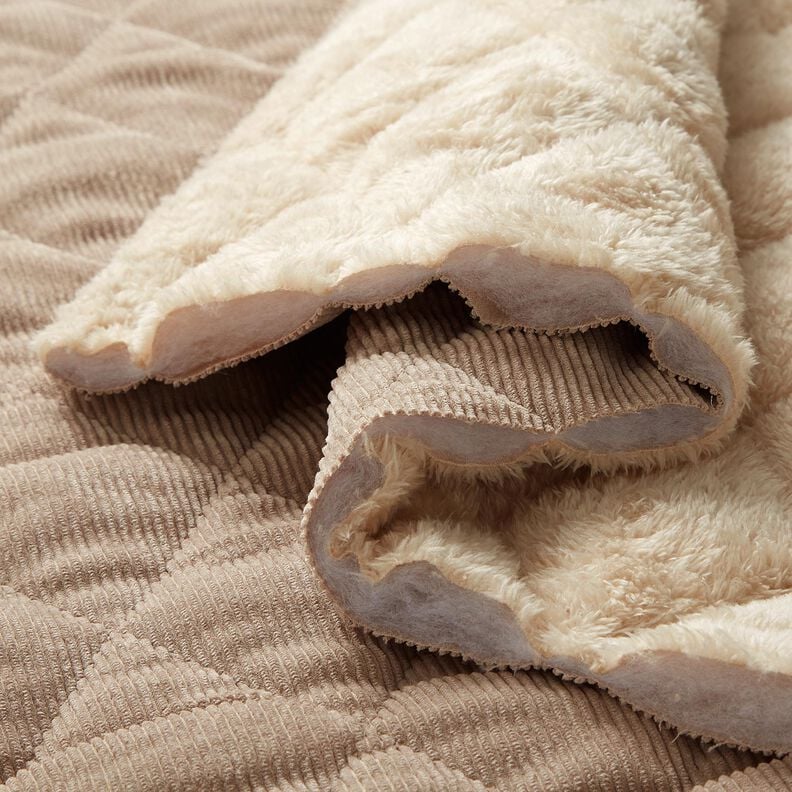 Quilted Fabric Corduroy with fur backing diamonds – taupe, image number 2