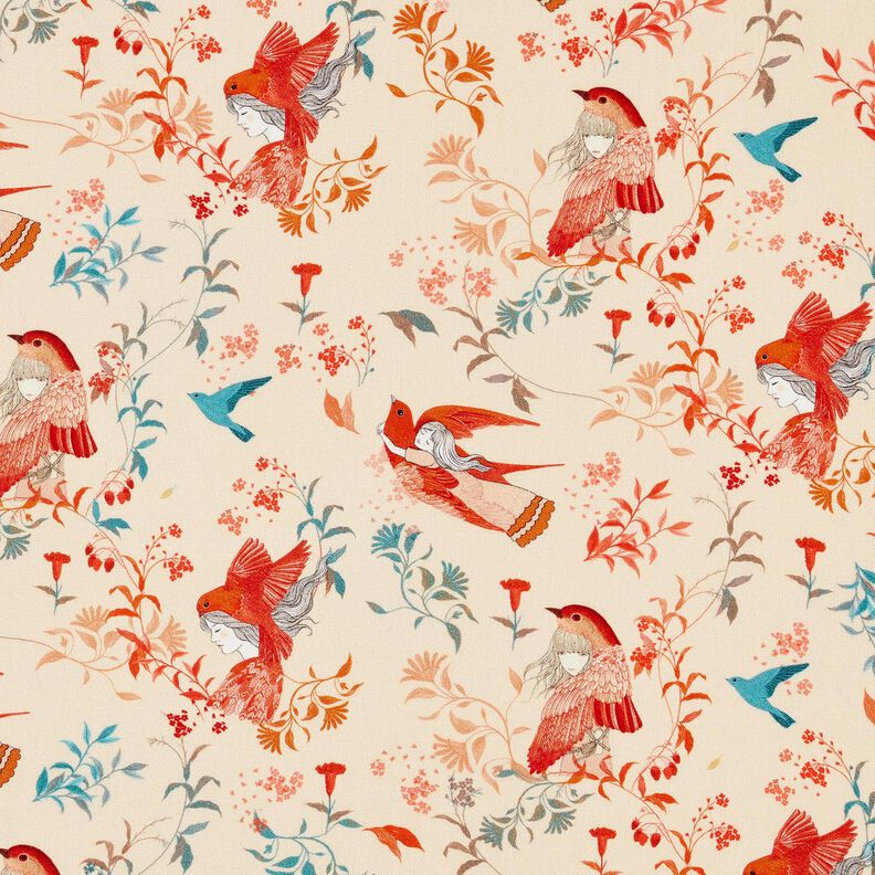 LENZING™ ECOVERO™ viscose fabric birds and fairies | Katia Fabrics – cream/fire red, image number 1