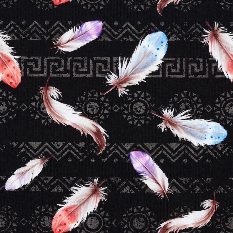 French terry Boho feathers | Glitzerpüppi  – black/lobster,  image number 1