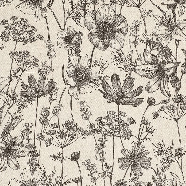 Decor Fabric Half Panama Flowers and grasses – natural/black,  image number 1