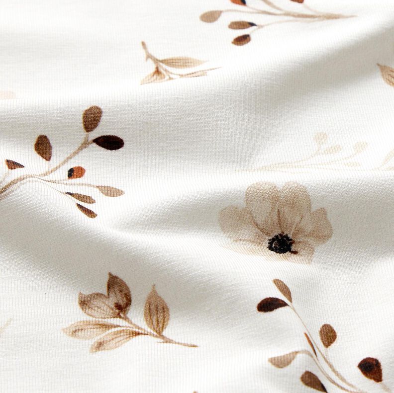 GOTS Cotton Jersey Watercolour flowers & branches digital print – white/light brown, image number 2