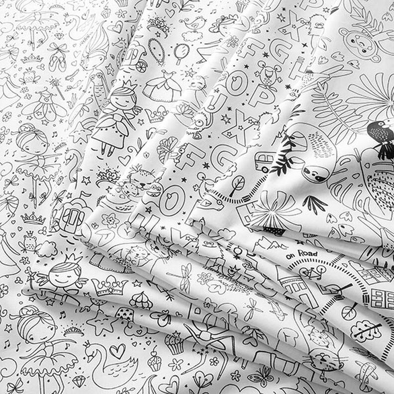 Cotton Poplin Colouring in fabric, alphabet monsters – white/black,  image number 5
