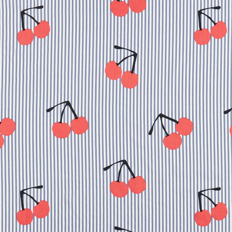 Stretch Poplin Stripes and cherries – white/indigo,  image number 1