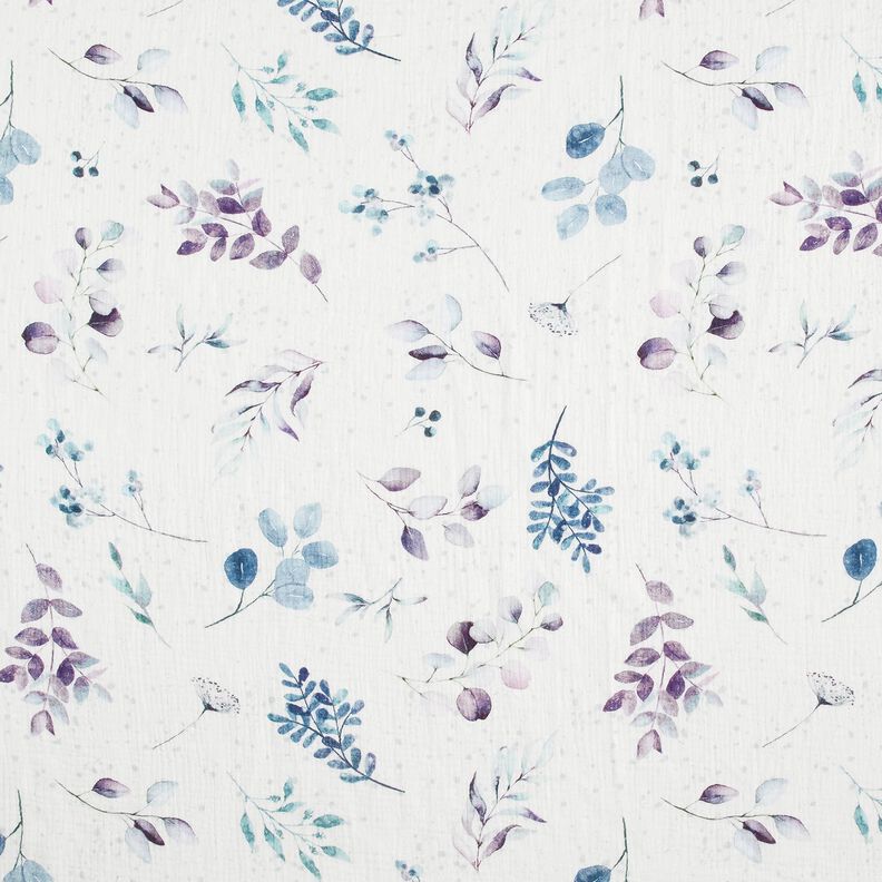 Double Gauze/Muslin Watercolor eucalyptus branches – offwhite/aqua blue,  image number 1