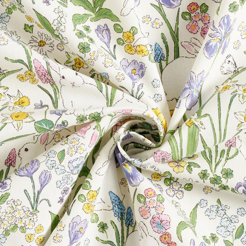 Decor Fabric Half Panama bunnies in a flower meadow – ivory/light pink,  image number 3