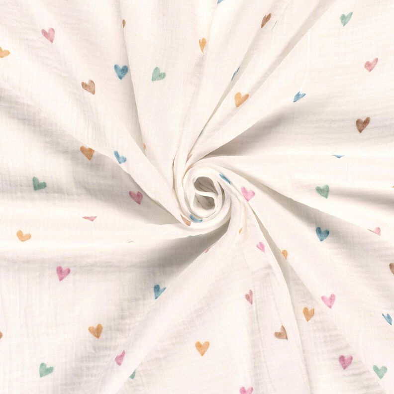 Double Gauze/Muslin colourful hearts Digital Print – white,  image number 3