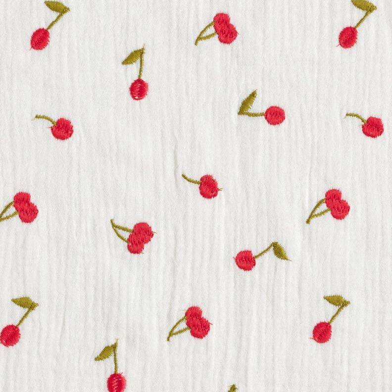 Double Gauze/Muslin embroidered cherries | Poppy Fabrics – white/fire red,  image number 1