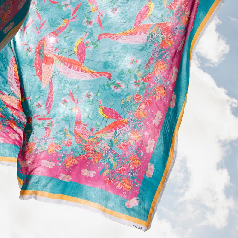 Beachwear Panel Pareo Peacocks and Flowers – aqua blue/intense pink,  image number 2