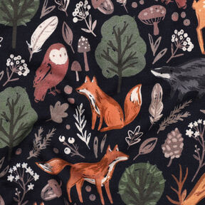 Brushed Sweatshirt Fabric animals in the wood Digital Print | Poppy Fabrics – midnight blue, 