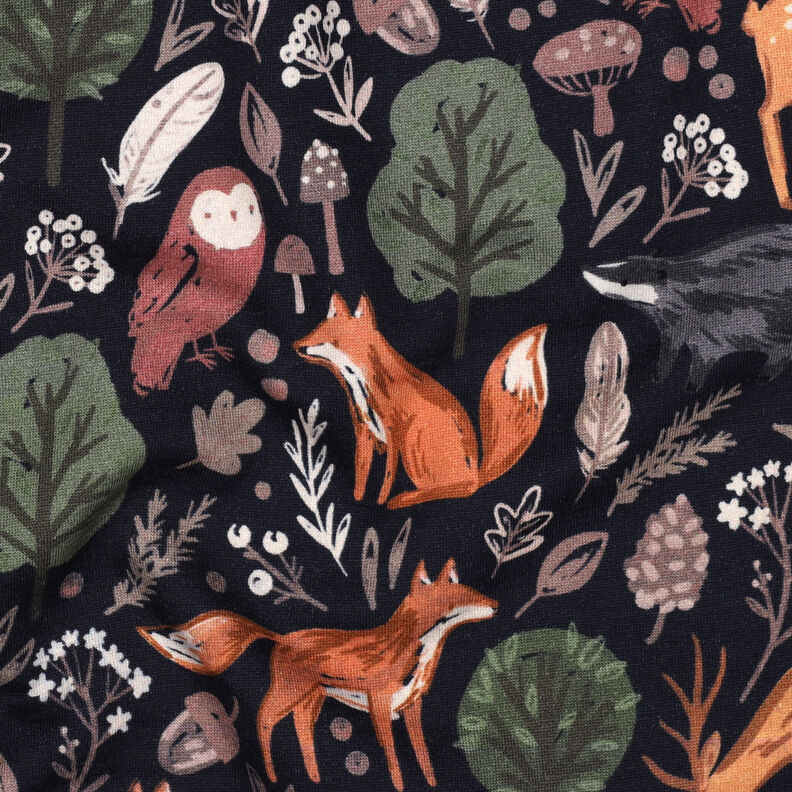 Brushed Sweatshirt Fabric animals in the wood Digital Print | Poppy Fabrics – midnight blue,  image number 2