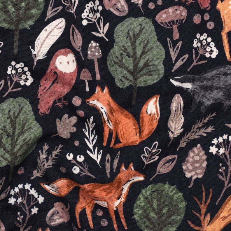 Brushed Sweatshirt Fabric animals in the wood Digital Print | Poppy Fabrics – midnight blue, image number 2