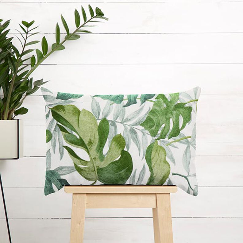 Decorative fabric Canvas Large monstera leaves – white/grass green,  image number 7