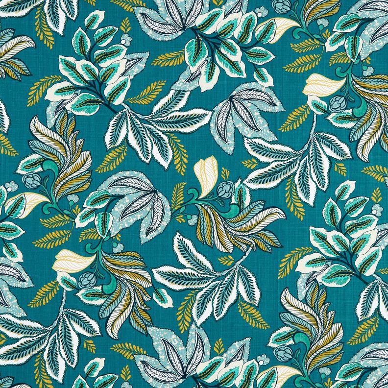 Decor Fabric Panama intertwined leaves – petrol/mustard,  image number 1