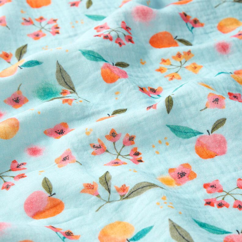 Double Gauze/Muslin apples dots flowers Digital Print – light blue, image number 2