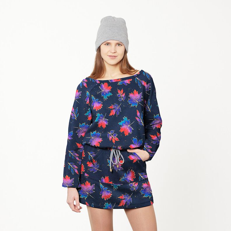French terry colourful autumn leaves | Glitzerpüppi – midnight blue/fire red, image number 5