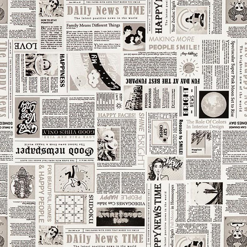 Decor Fabric Half Panama Retro newspaper – white/black,  image number 1