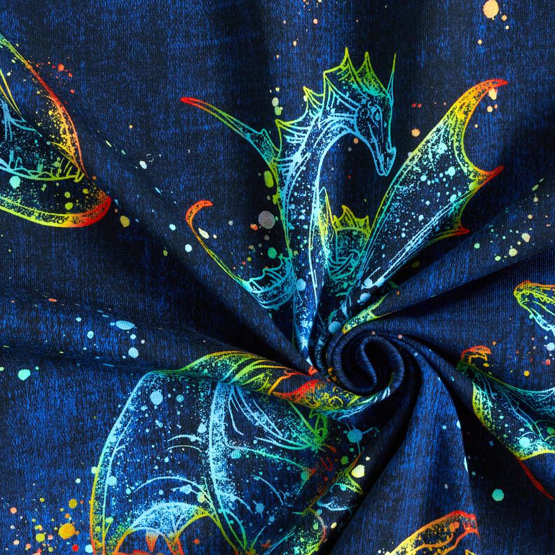 Cotton Jersey Rainbow Dragon Denim Look | Glitzerpüppi – blue-black/indigo,  image number 3