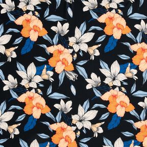 Swimsuit Fabric large hibiscus flowers – blue-black/apricot, 