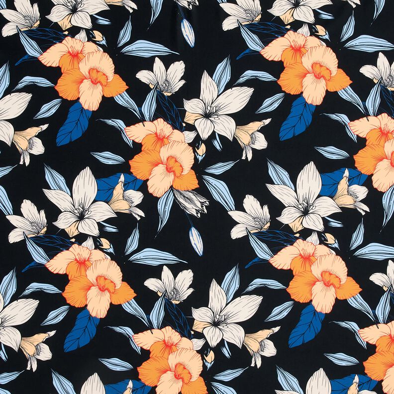 Swimsuit Fabric large hibiscus flowers – blue-black/apricot,  image number 1