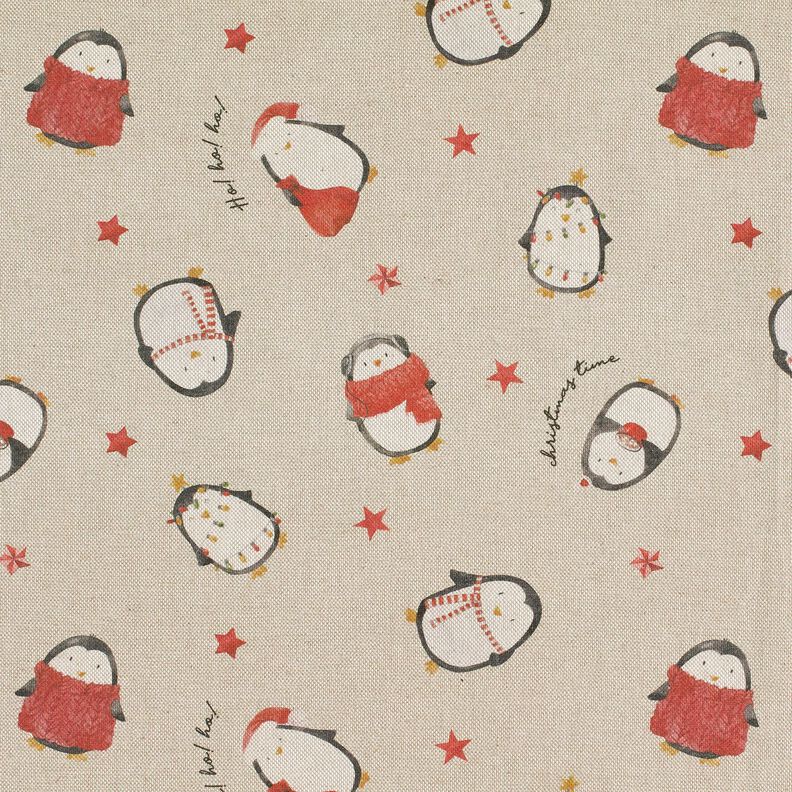Decor Fabric Half Panama festive penguins – natural/carmine,  image number 1