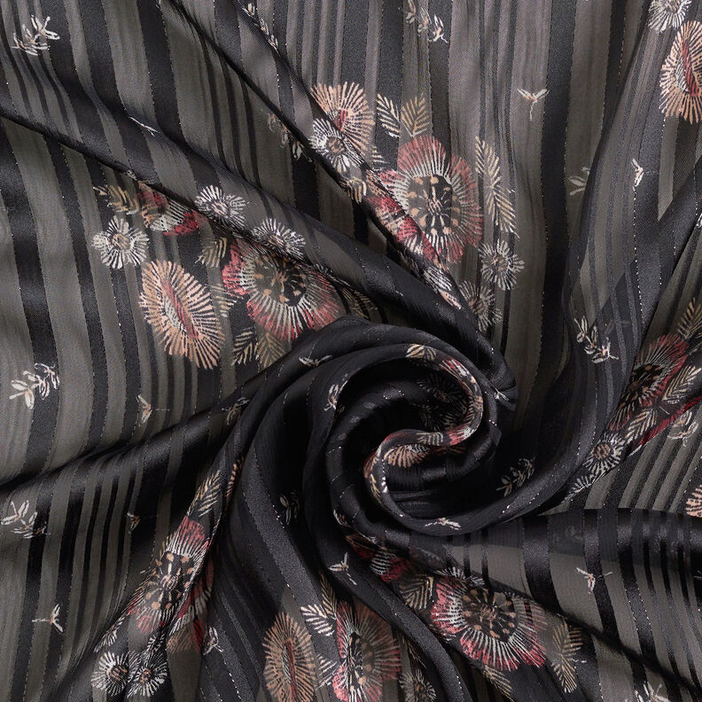 Chiffon with satin and metallic stripes flowers – black/white, image number 4