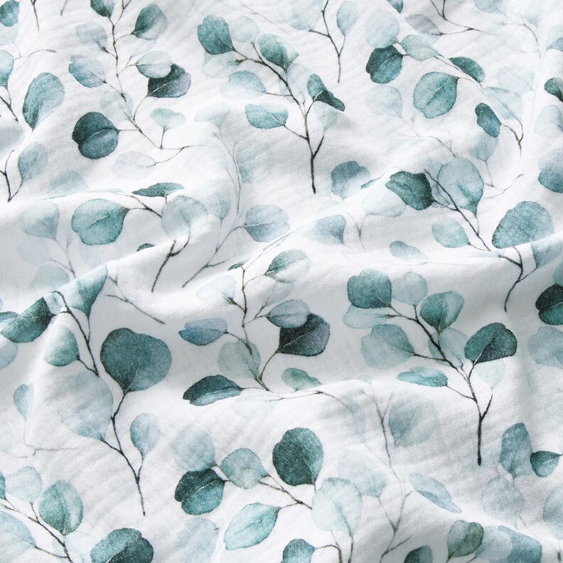 Double Gauze/Muslin watercolour eucalyptus vines Digital Print – white,  image number 2
