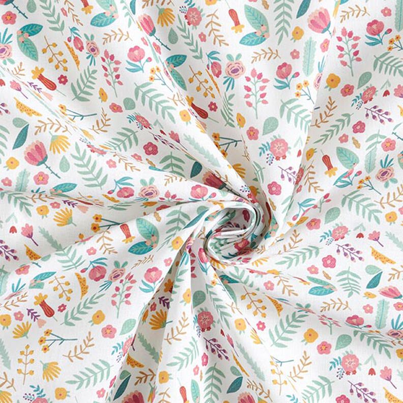 Cotton fabric PercaleSmall flowers and leaves – pink/yellow,  image number 3