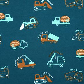 Brushed Sweatshirt Fabric Construction vehicles | Poppy Fabrics – ocean blue/eucalyptus, 