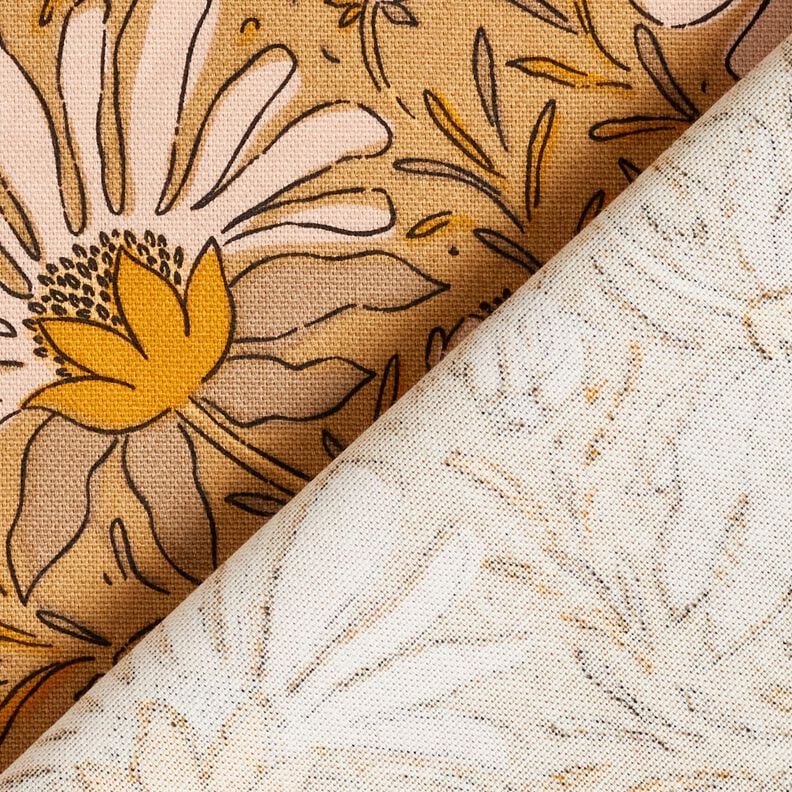 Decor Fabric Half Panama Big Flowers – dark beige/curry yellow, image number 4