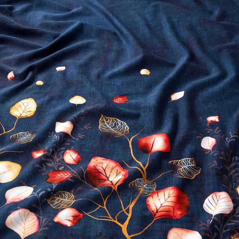 French terry Border Fabric autumn leaves | Glitzerpüppi – navy blue/peach orange,  image number 2