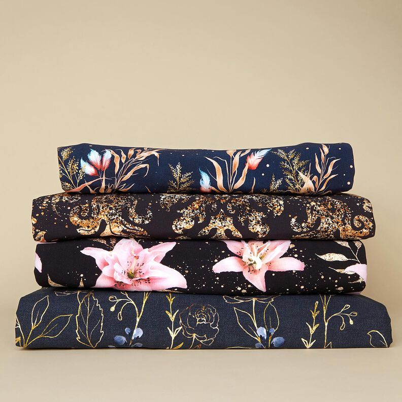 French Terry Border fabric golden ornaments | Glitzerpüppi – black/antique gold,  image number 5