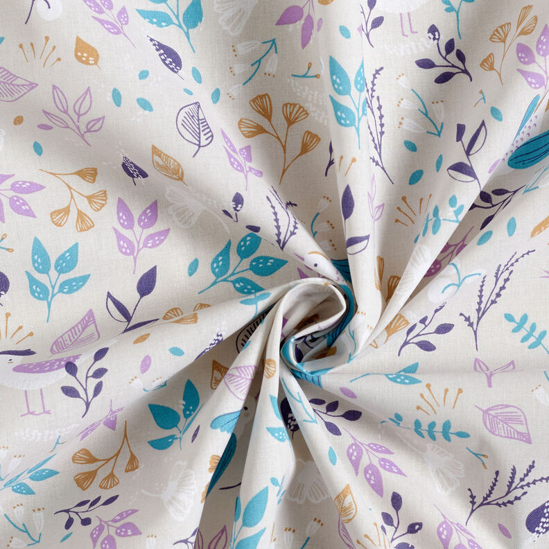 Cotton Poplin Flower meadow with little birds – natural,  image number 3