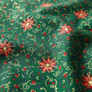 Cotton poplin fabric, festive plants – fir green/gold, 