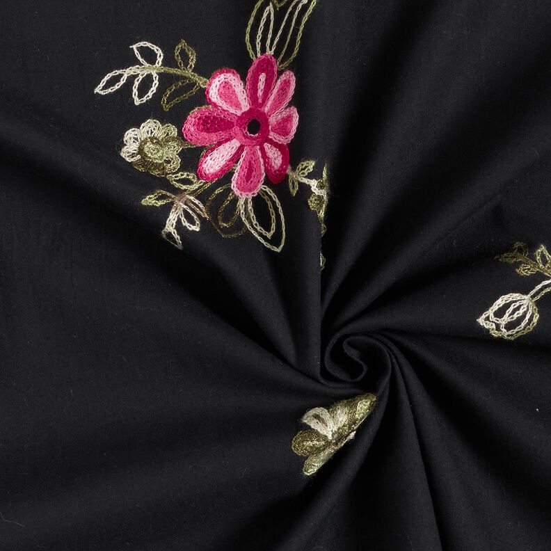 Cotton Poplin Embroidered bouquets – black/berry,  image number 3