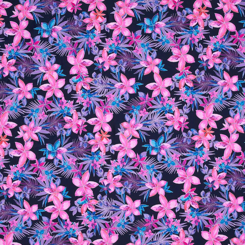Swimsuit Fabric Tropical Flowers – navy blue/pink,  image number 1
