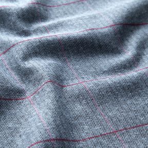 Coat fabric cotton mix herringbone and check – light blue/burgundy, 