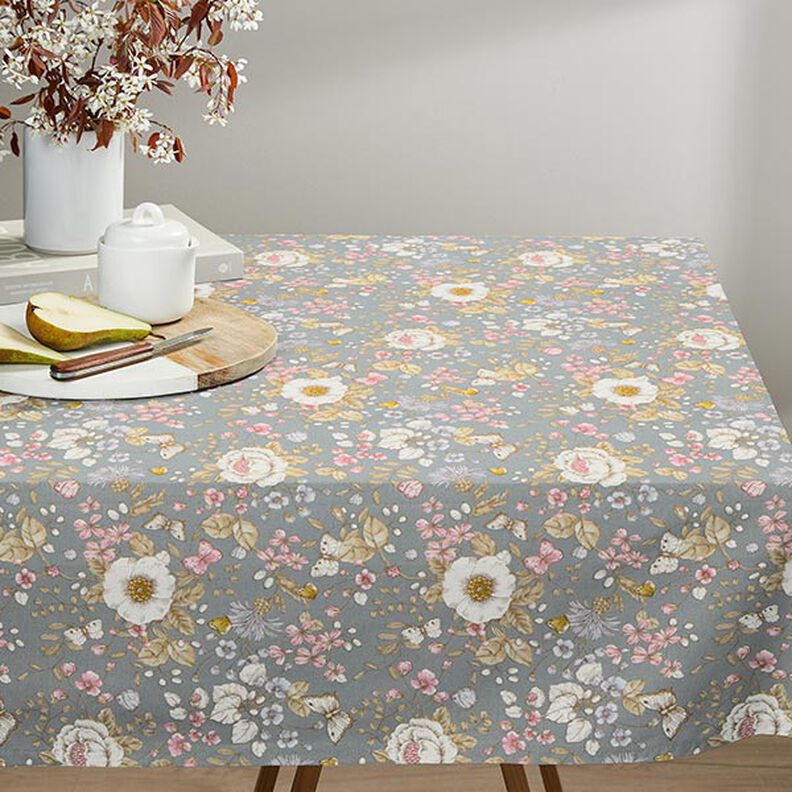 Decor Fabric Half Panama Flower Garden – dove blue/pink,  image number 8