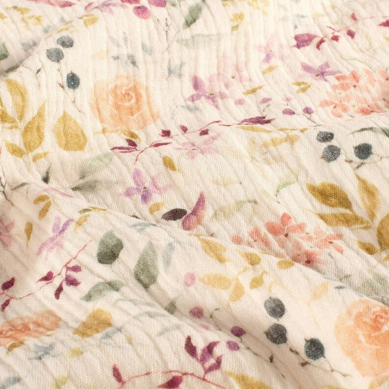 Double Gauze/Muslin Watercolour Floral Meadow Digital Print – cream,  image number 2