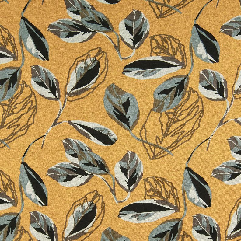 Viscose Jersey large autumn leaves – curry yellow/slate grey, image number 1