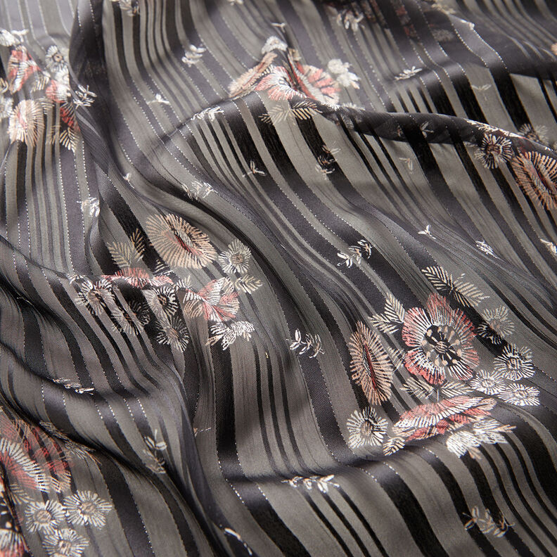Chiffon with satin and metallic stripes flowers – black/white, image number 2